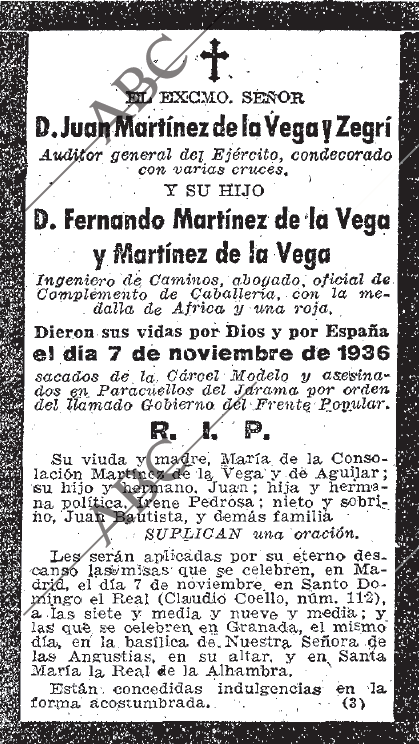 Esquela de Fernando Martínez de la Vega y Martínez de la Vega en el ABC del 7-XI-1944.