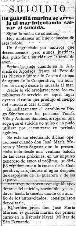 Recorte de prensa del Noticiero Gaditano del 17-IX-1928 narrando la intervención de José María Moreno Mateo-Sagasta.